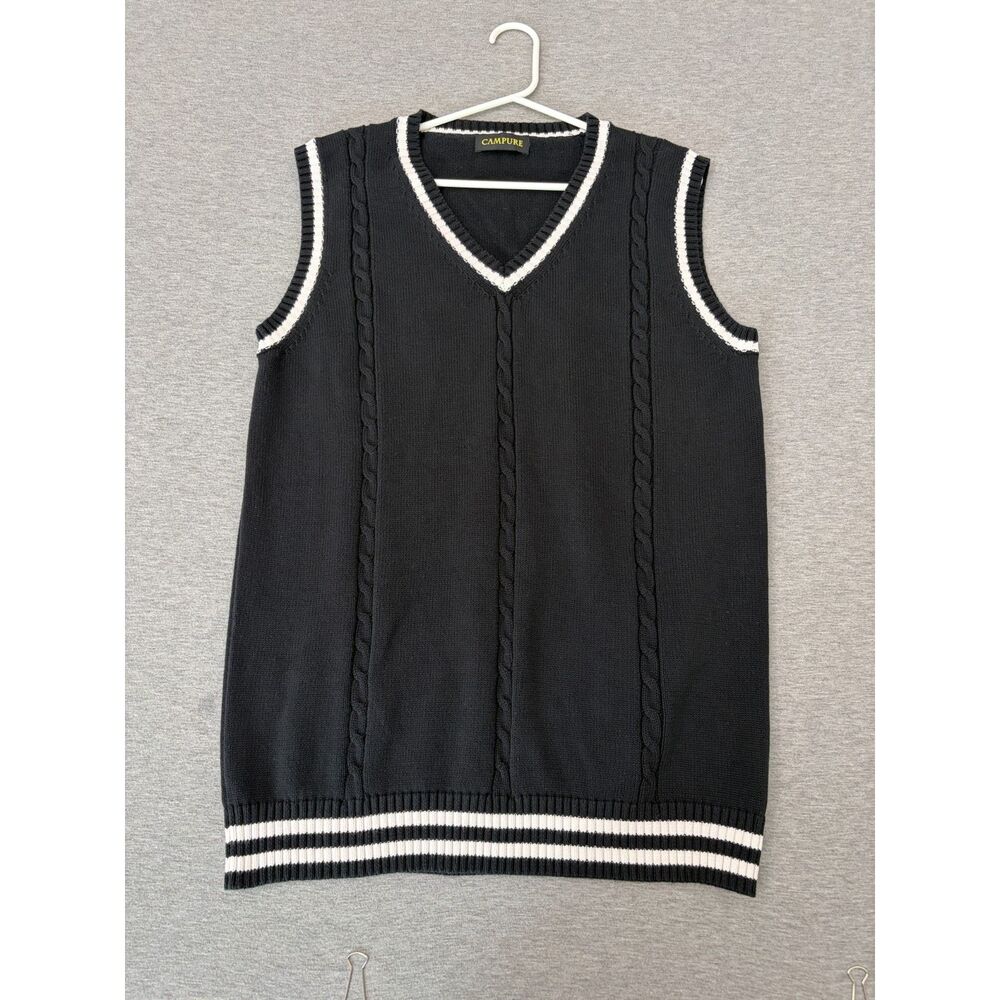 Cable Knit Sweater 100% Cotton Vest Black Womens M L Tennis Core Preppy Academia